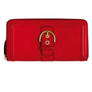 Coach Campbell Zip Around Leather Accordion Wallet in Red with Buckle Accent